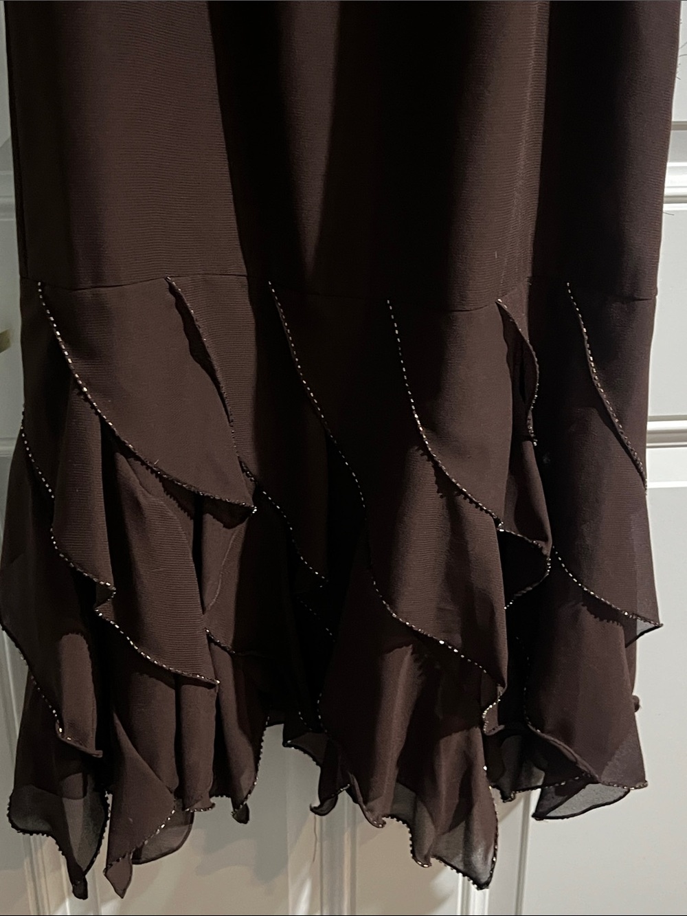 CAMERON BLAKE by Mon Cheri Brown Beaded Chiffon Ruffle Hem Evening Gown Size 10 - Picture 7 of 10